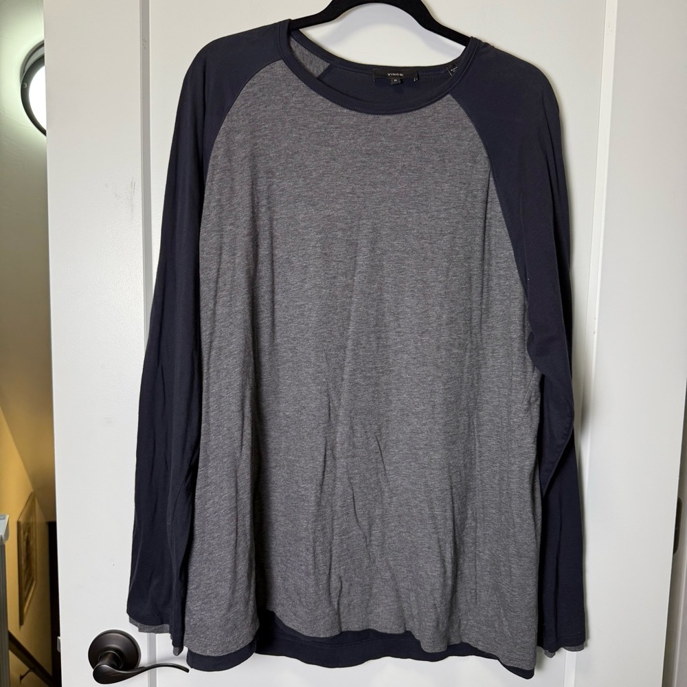 Vince Men's Double Layer Baseball Crew Long Sleeve T-Shirt‎ Grey Black Raglan XL